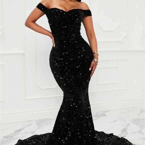 slim fit dress slacks Ball Gown V Neck Open Back Split Sequin Black Long Prom Dress PG819 US14 / Black